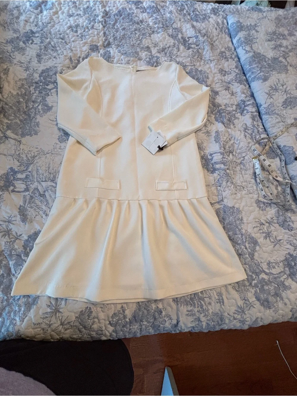 NWT Victoria Beckham Girls XL Cream Drop-Waist Dress Three-Quarter Sleeves